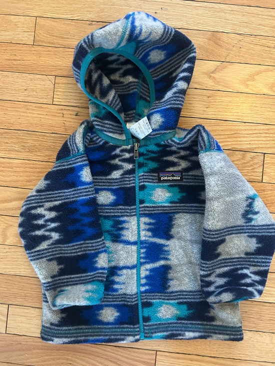 Patagonia Other - 12M Patagonia Baby Hooded Fleece Jacket Full Zip - Blue Teal Gray Aztec Pattern